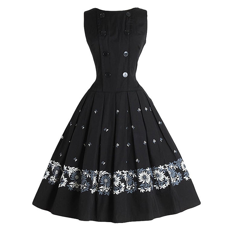 1950s Black Brushed Cotton Daisy Print Dress