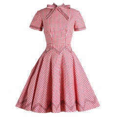 Vintage 1950s Red Gingham Print Embroidered Dress