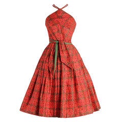 Vintage 1950s Joan Miller Triangle Halter Polished Cotton Dress