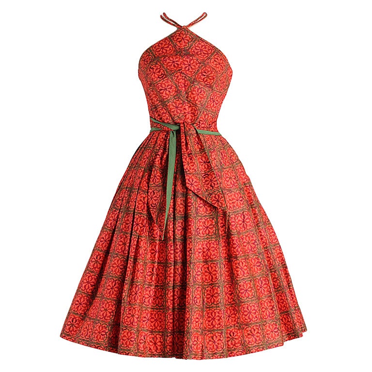 1950s Joan Miller Triangle Halter Polished Cotton Dress For Sale
