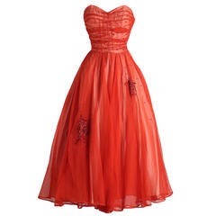 1950s Gothe Spiderweb Red Tulle Sequins Dress