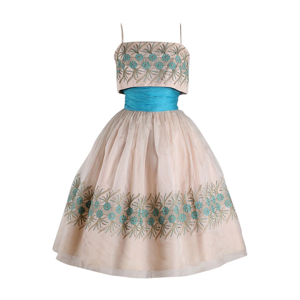 1950's Turquoise Embroidered Organza Cocktail Dress
