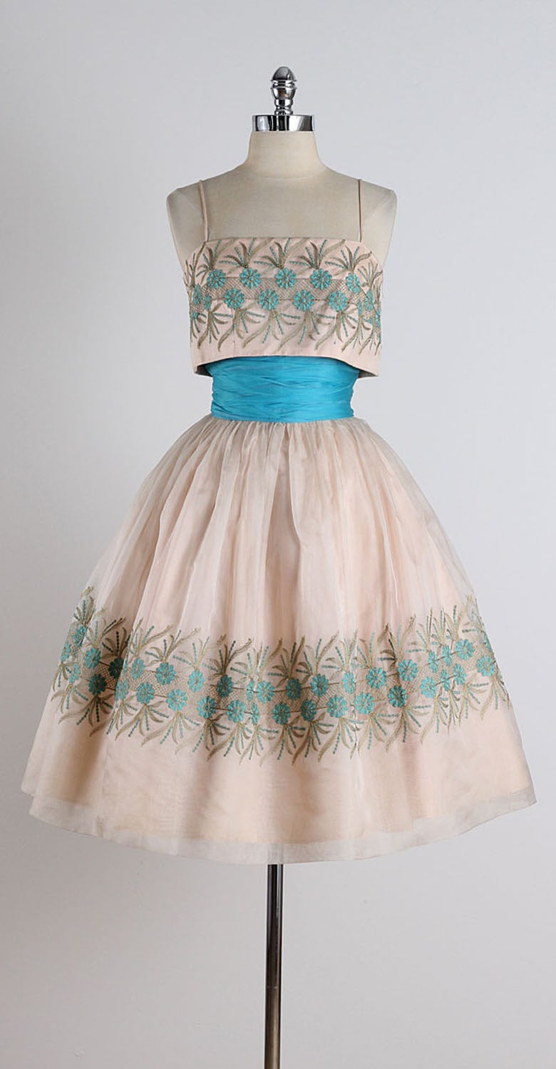 1950's Turquoise Embroidered Organza Cocktail Dress 3