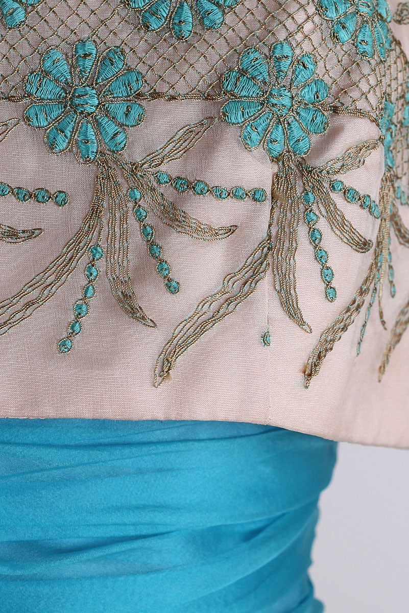 1950's Turquoise Embroidered Organza Cocktail Dress In Excellent Condition In Hudson on the Saint Croix, WI