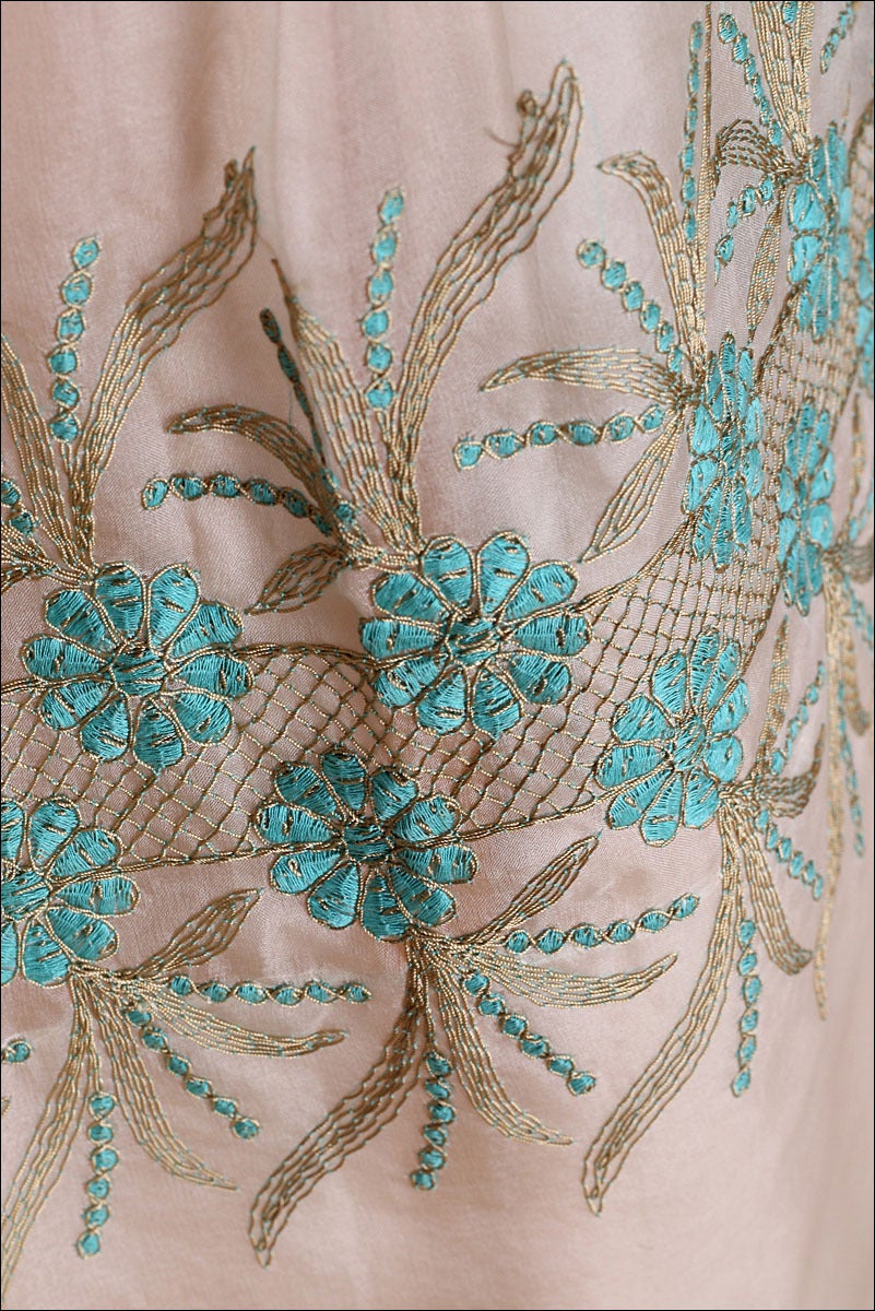 Women's 1950's Turquoise Embroidered Organza Cocktail Dress