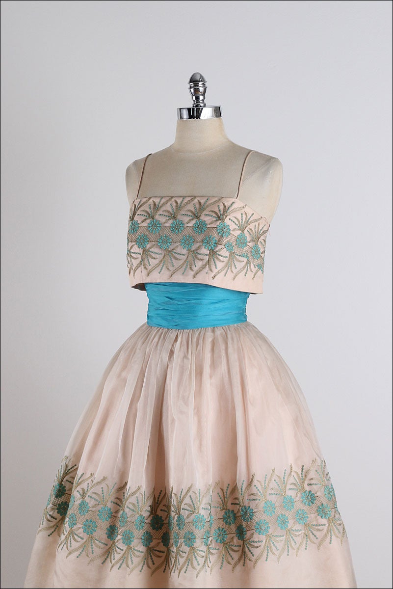1950's Turquoise Embroidered Organza Cocktail Dress 1