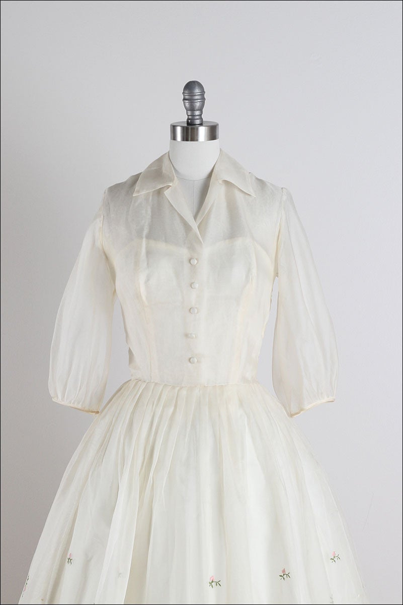 1950s Embroidered Organza Illusion Dress