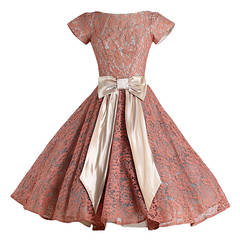 Vintage 1950s Apricot Lace Satin Bow Party Dress