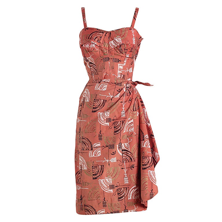 1950s Hawaiian Tiki Print Cotton Sarong Dress For Sale