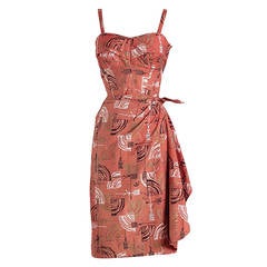 1950s Hawaiian Tiki Print Cotton Sarong Dress