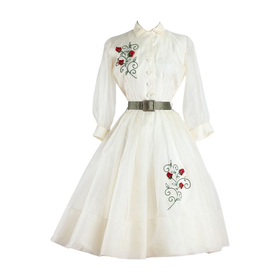 1960s Organze Red Rose Embroidered Dress