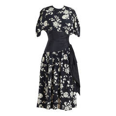 1940s Black Rayon Cat & Fishbowl Print Dress