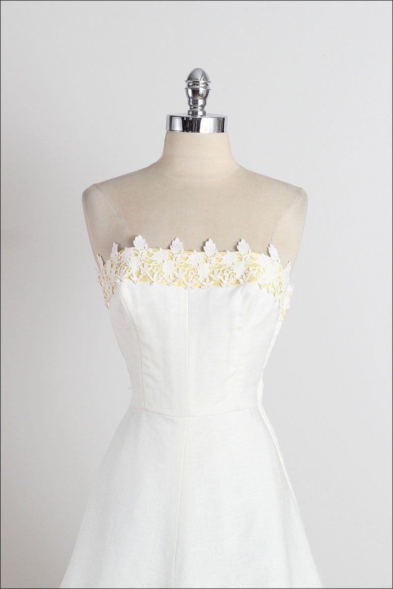 1950s Harvey Berin Linen Lace Strapless Dress