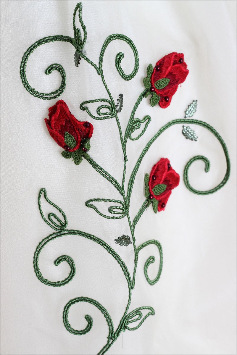 1960s Organze Red Rose Embroidered Dress In Excellent Condition In Hudson on the Saint Croix, WI