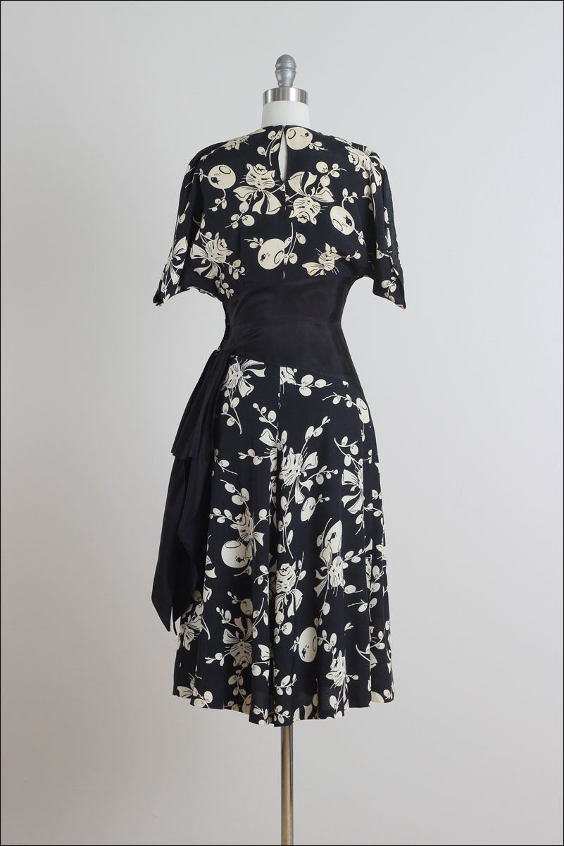 1940s Black Rayon Cat & Fishbowl Print Dress 1