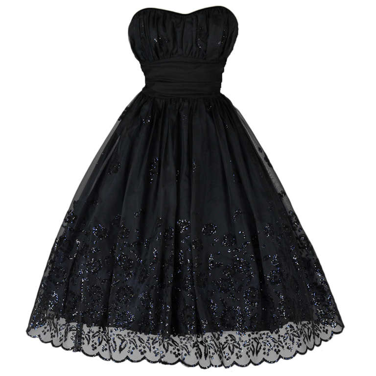 Vintage 1950's Black Chiffon Glitter Flocked Dress