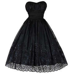 Vintage 1950's Black Chiffon Glitter Flocked Dress