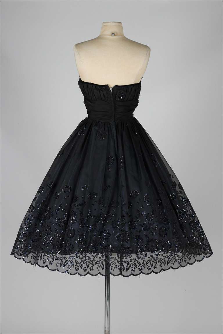 Vintage 1950's Black Chiffon Glitter Flocked Dress 1
