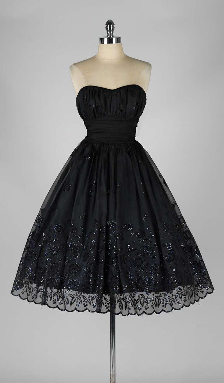 Vintage 1950's Black Chiffon Glitter Flocked Dress 2