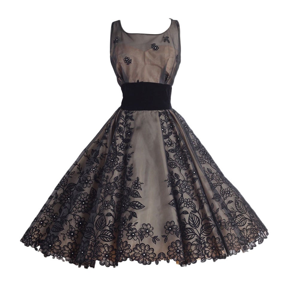 1950's Rhinestone Flocked Illusion Cocktail Dress