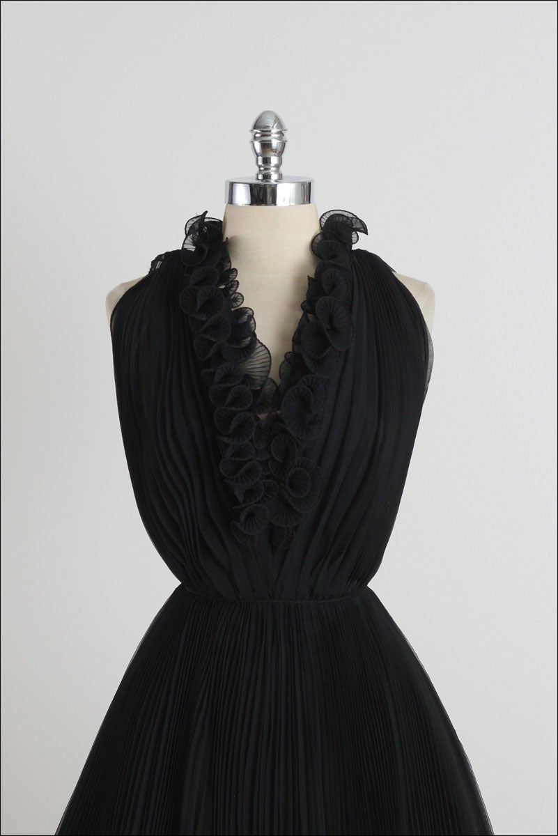 ➳ vintage 1960s dress

* black chiffon crepe
* acetate lining
* accordion pleats
* nude insert in bust
* curly accent collar
* back zipper

condition | excellent

fits like medium

length 40