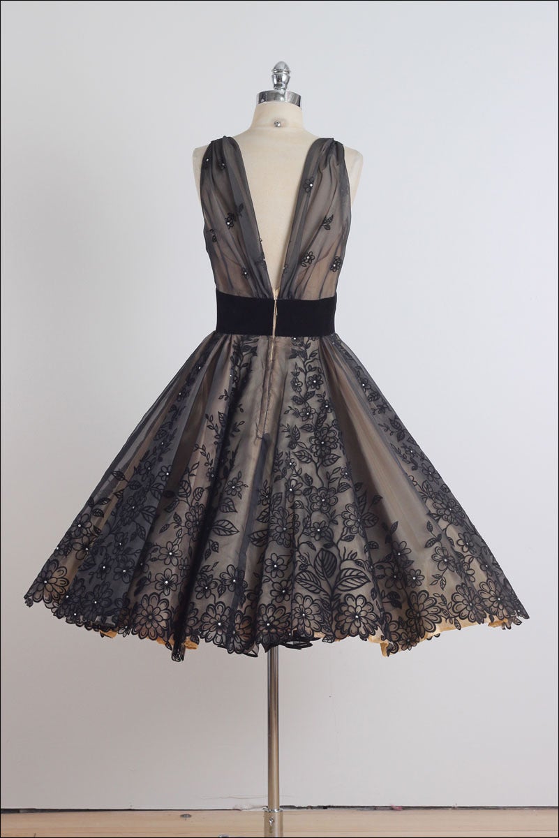 1950's Rhinestone Flocked Illusion Cocktail Dress 3