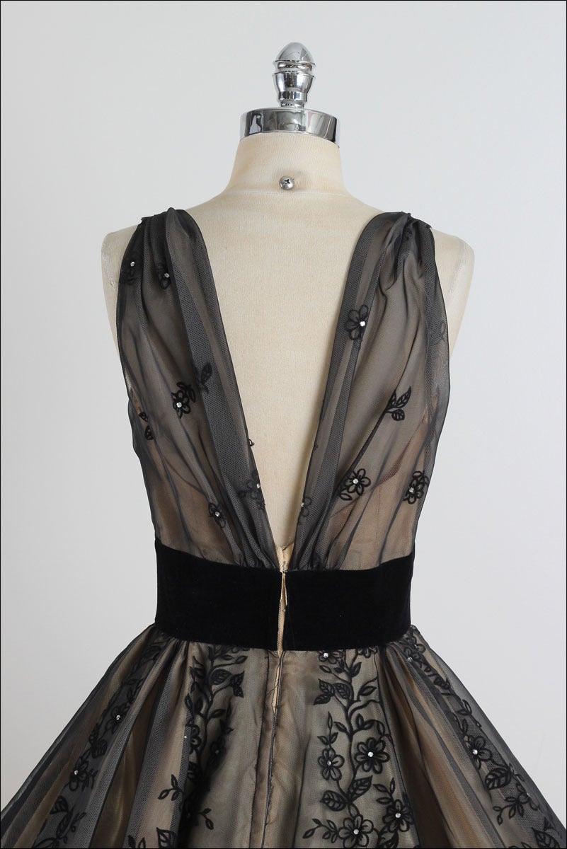 1950's Rhinestone Flocked Illusion Cocktail Dress 2