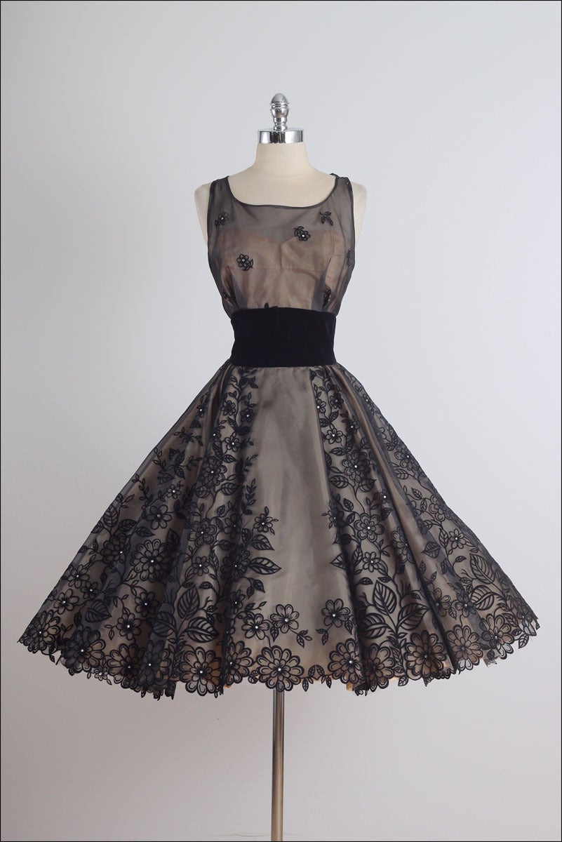 1950's Rhinestone Flocked Illusion Cocktail Dress 4