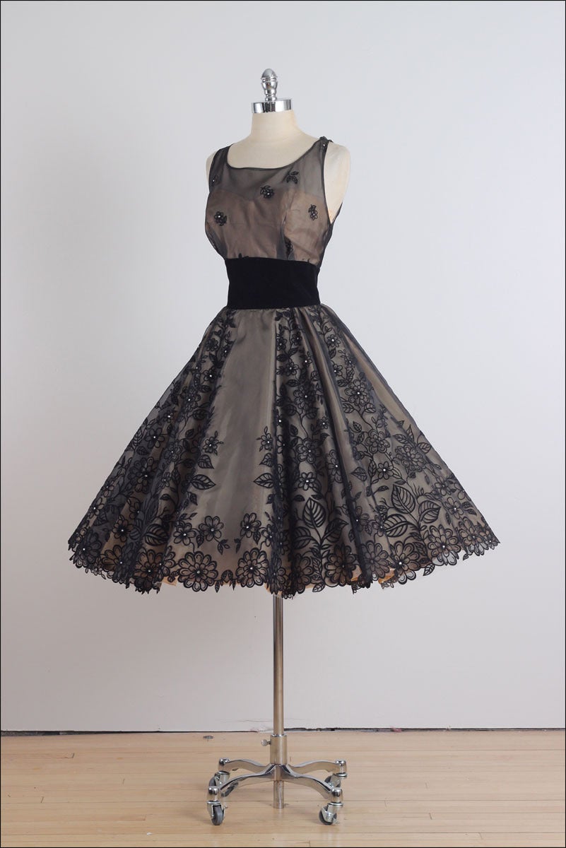 1950's Rhinestone Flocked Illusion Cocktail Dress 1
