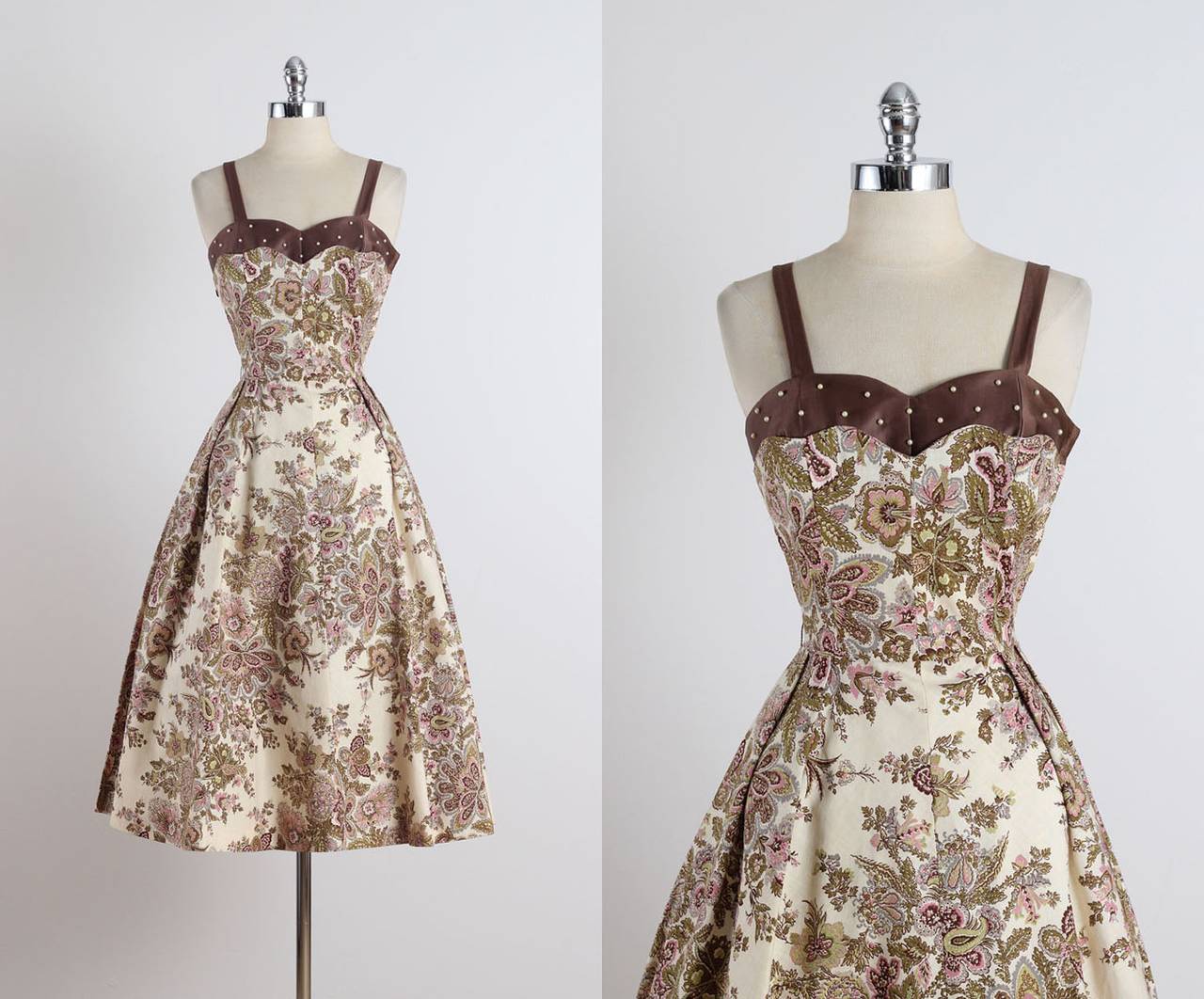 1950s Romantic Floral Pearl Studded Paisley Print Dress 5