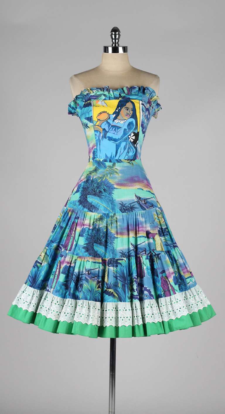 Vintage 1950's Jeannette Couture Paul Gauguin Screenprinted Sun Dress For  Sale at 1stDibs | janette couture