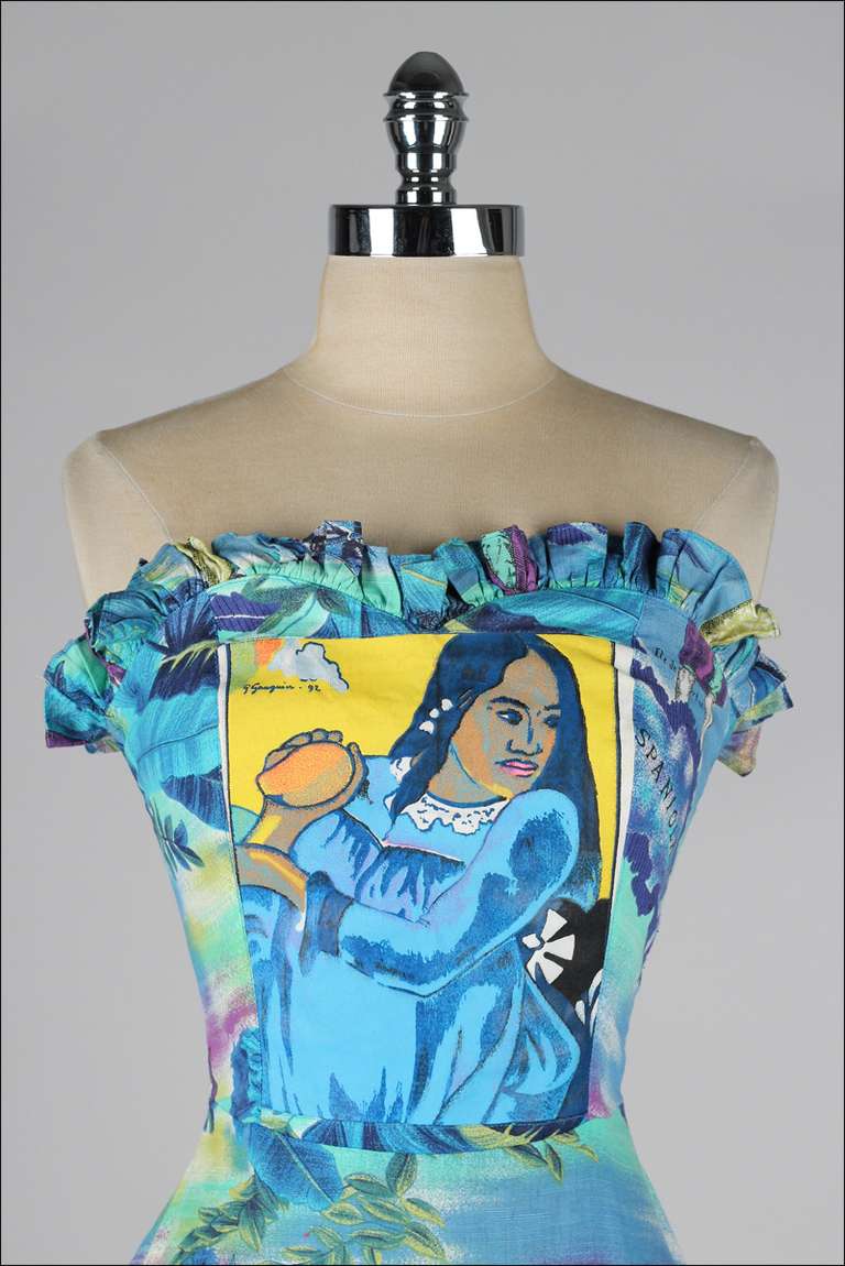 vintage 1950's dress

* beautiful blue Tahitian print cotton
* Paul Gauguin's 1897 