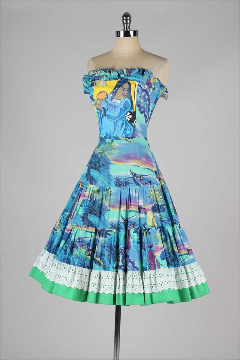 Vintage 1950's Jeannette Couture Paul Gauguin Screenprinted Sun Dress In Excellent Condition For Sale In Hudson on the Saint Croix, WI