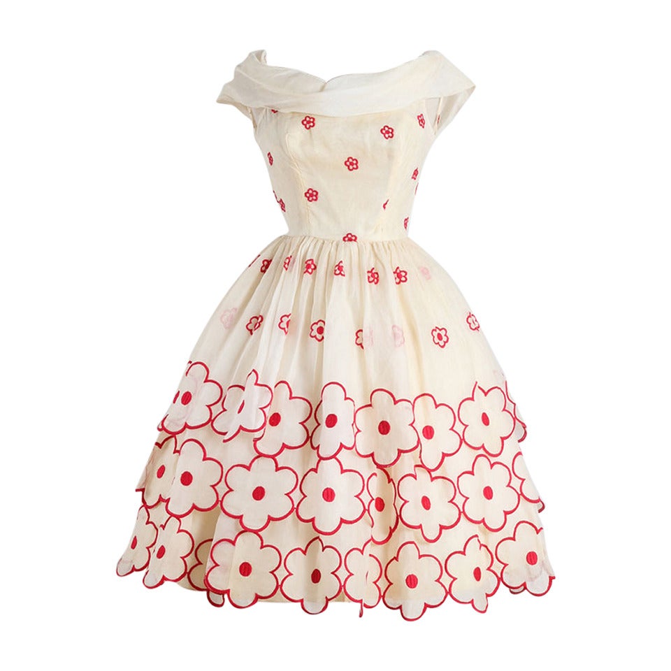 1950s Whimsical Floral Embroidered Organza Dress
