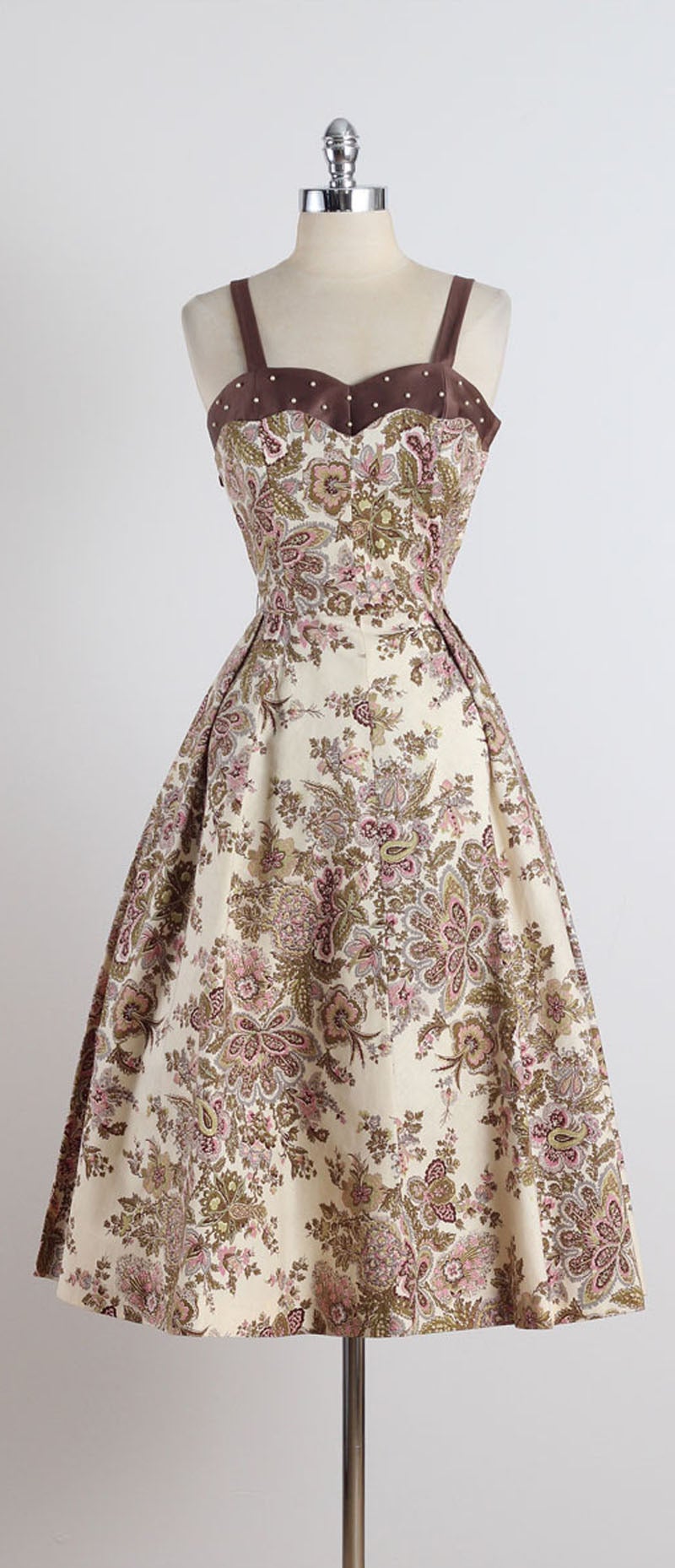 1950s Romantic Floral Pearl Studded Paisley Print Dress 6