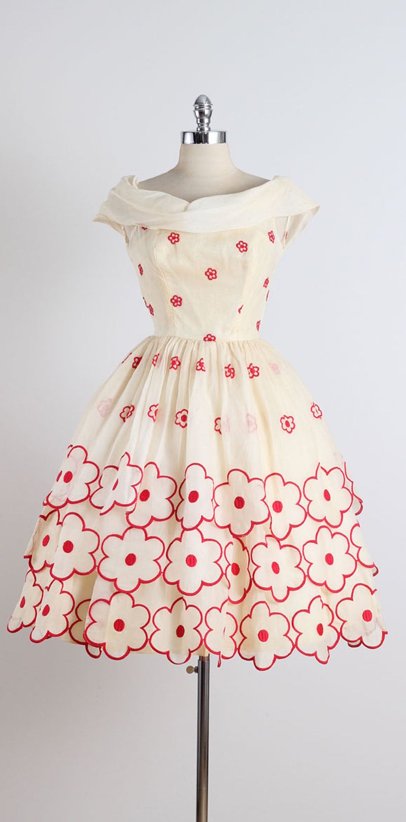 1950s Whimsical Floral Embroidered Organza Dress 4