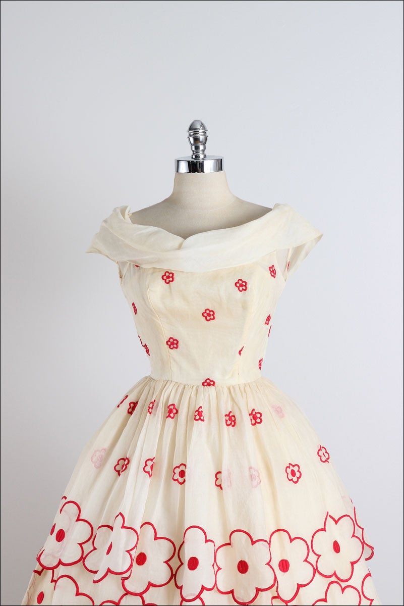 1950s Whimsical Floral Embroidered Organza Dress 3