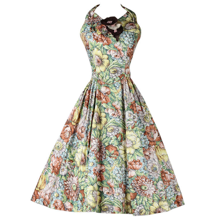 Vintage 1950's Paul Sachs Polished Cotton Floral Halter Dress