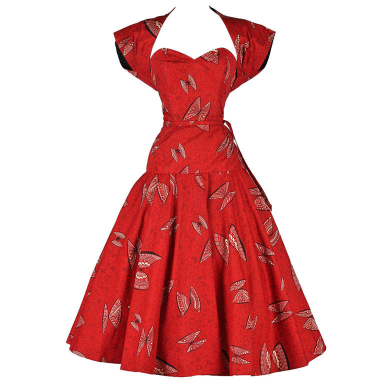 Vintage 1950
s Patric of Miss America Red Cotton Butterfly Dress and Bolero