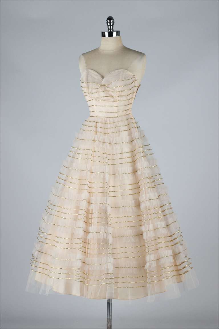 Vintage 1950's Tulle and Metallic Strapless Dress 1