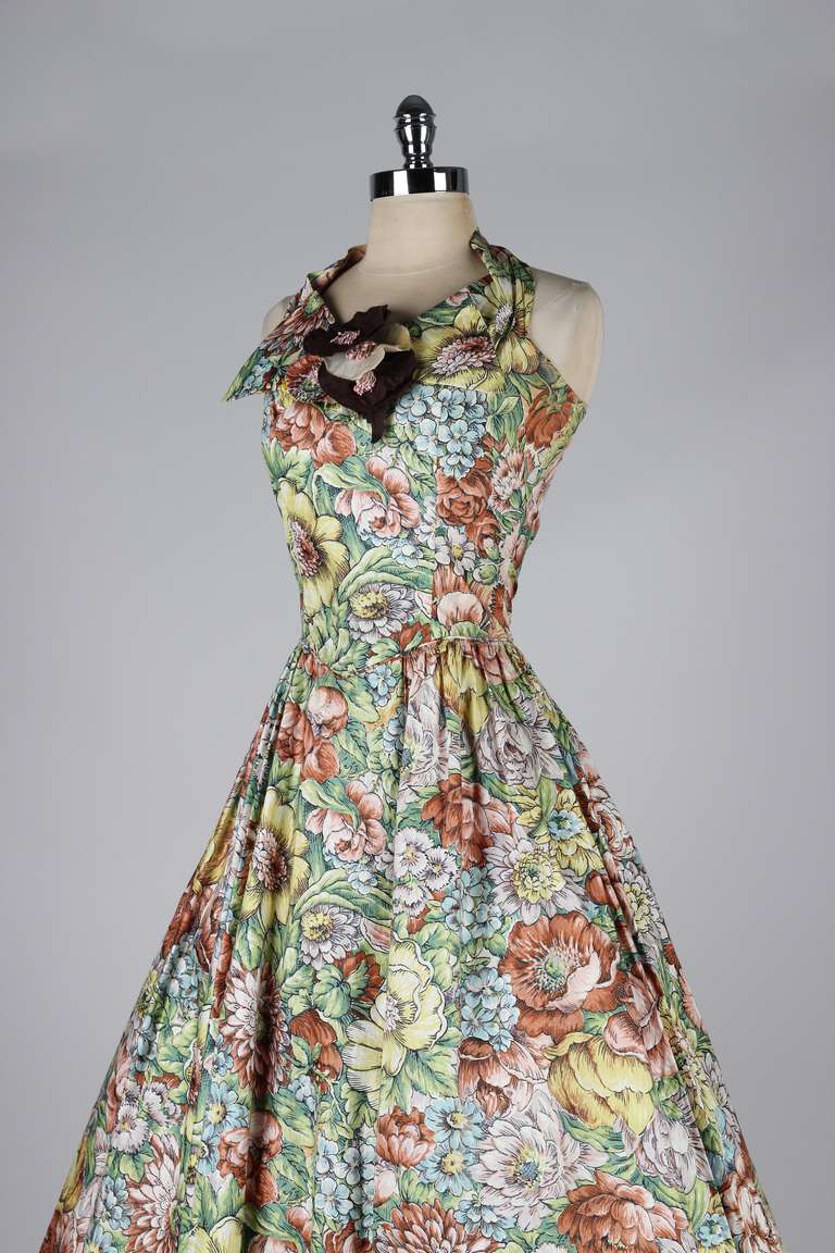 Women's Vintage 1950's Paul Sachs Polished Cotton Floral Halter Dress