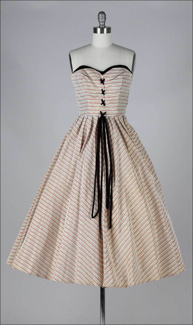 Vintage 1950's Metallic Stripe Corset Tie Cocktail Dress 2