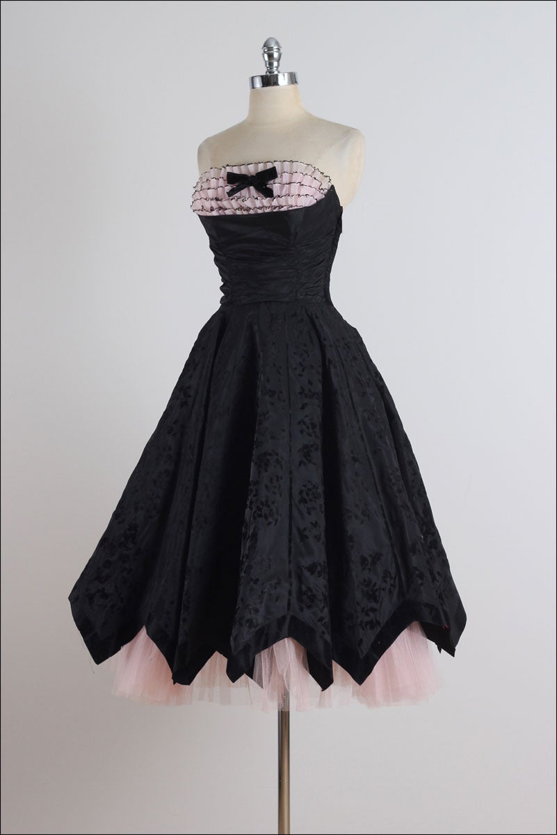 Women's 1950s Black Pink Flocked Ruffle Trim Cocktail Dress For Sale