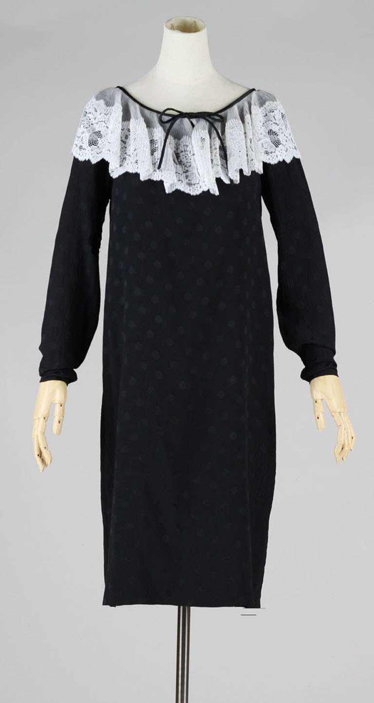 Vintage 1980's Hanae Mori Black Silk Polka Dot Dress 4