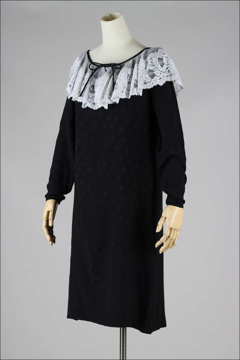 Vintage 1980's Hanae Mori Black Silk Polka Dot Dress 1