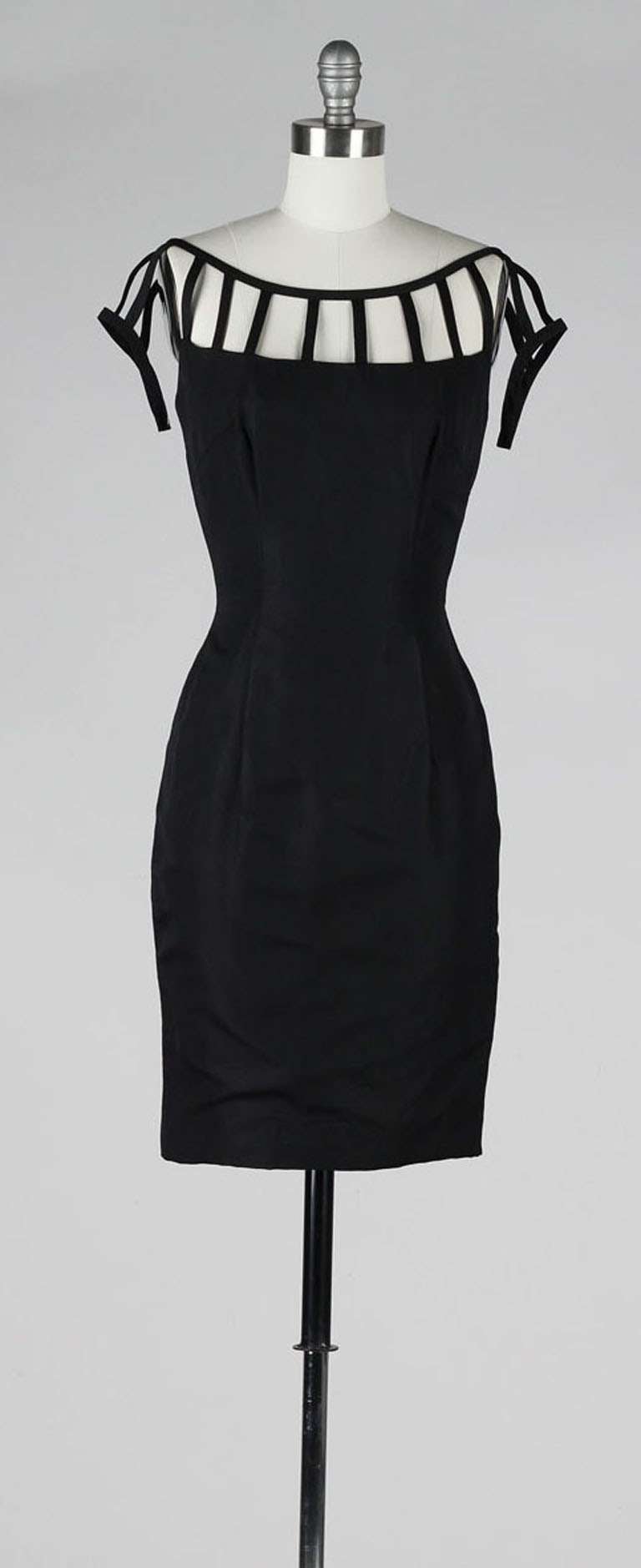 Vintage 1950's Black Caged Shoulder Cocktail Dress 3