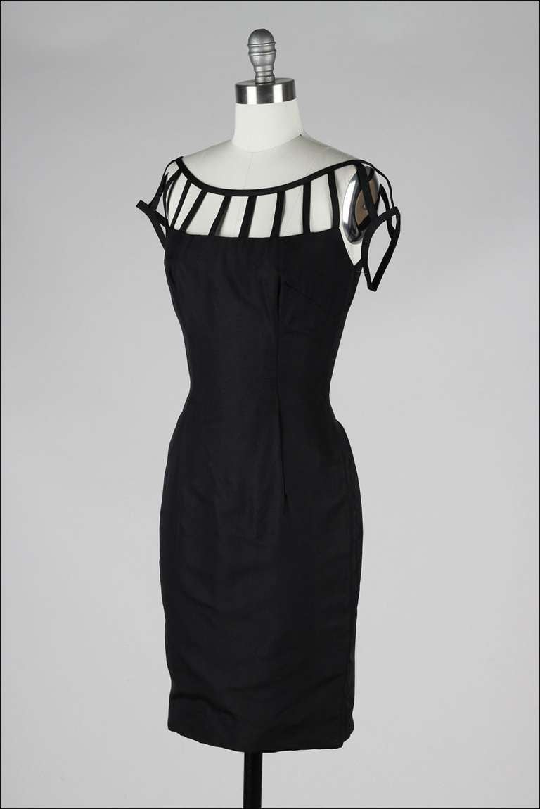 Vintage 1950's Black Caged Shoulder Cocktail Dress 1