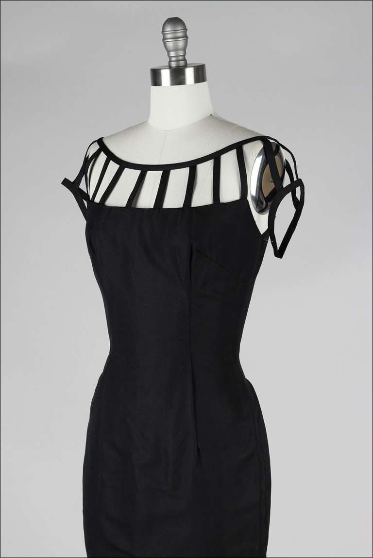 Women's Vintage 1950's Black Caged Shoulder Cocktail Dress