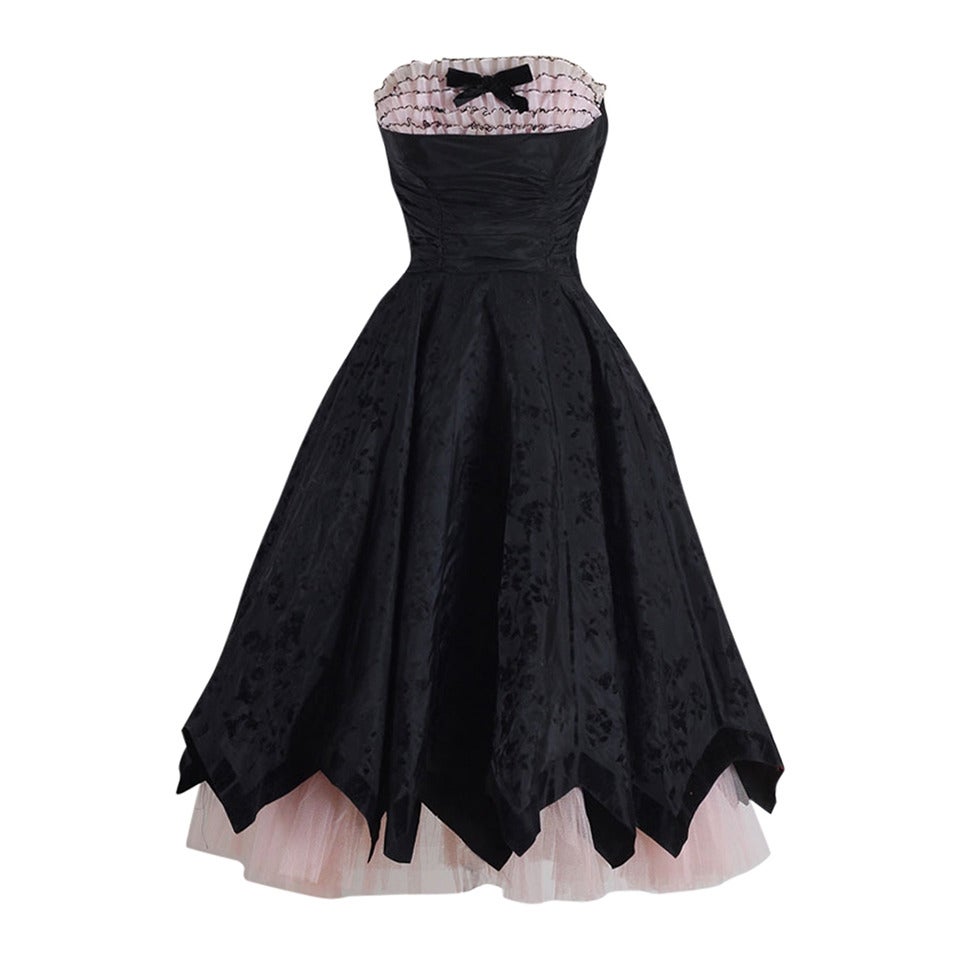 1950s Black Pink Flocked Ruffle Trim Cocktail Dress For Sale
