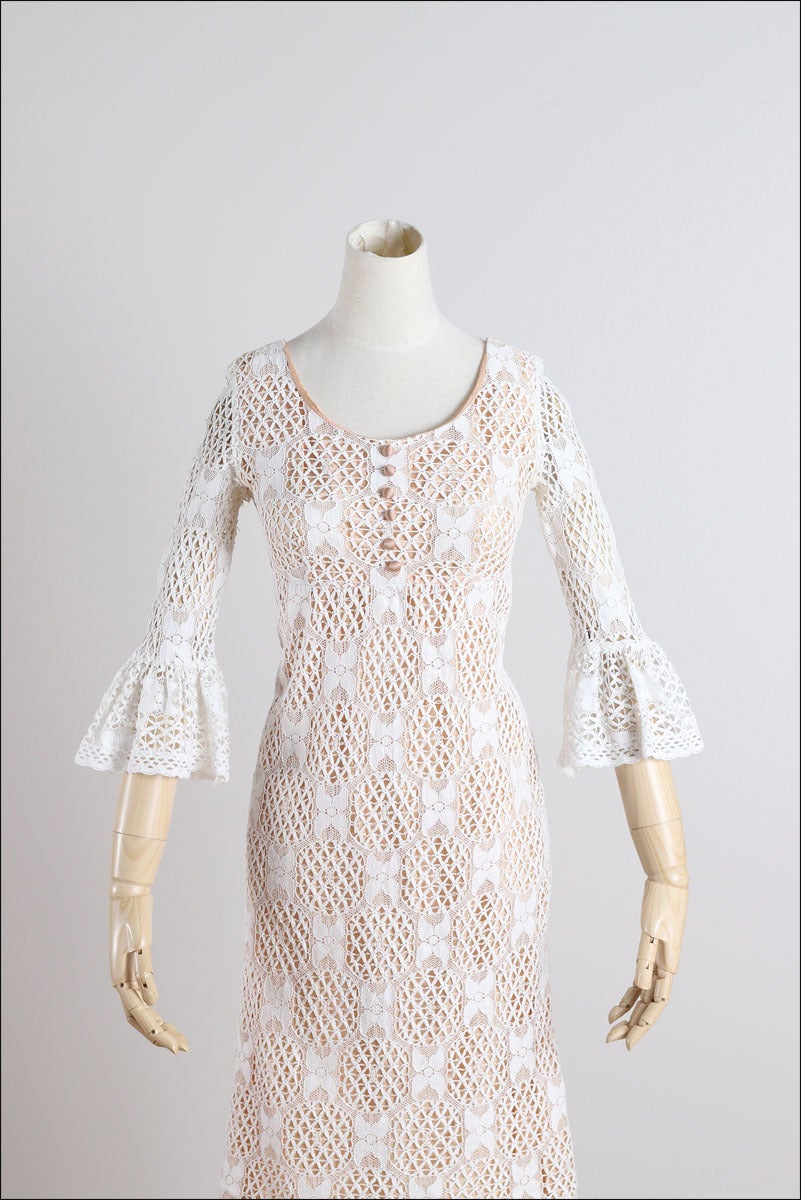 1960s Macrame Lace Flutter Sleeve Dress